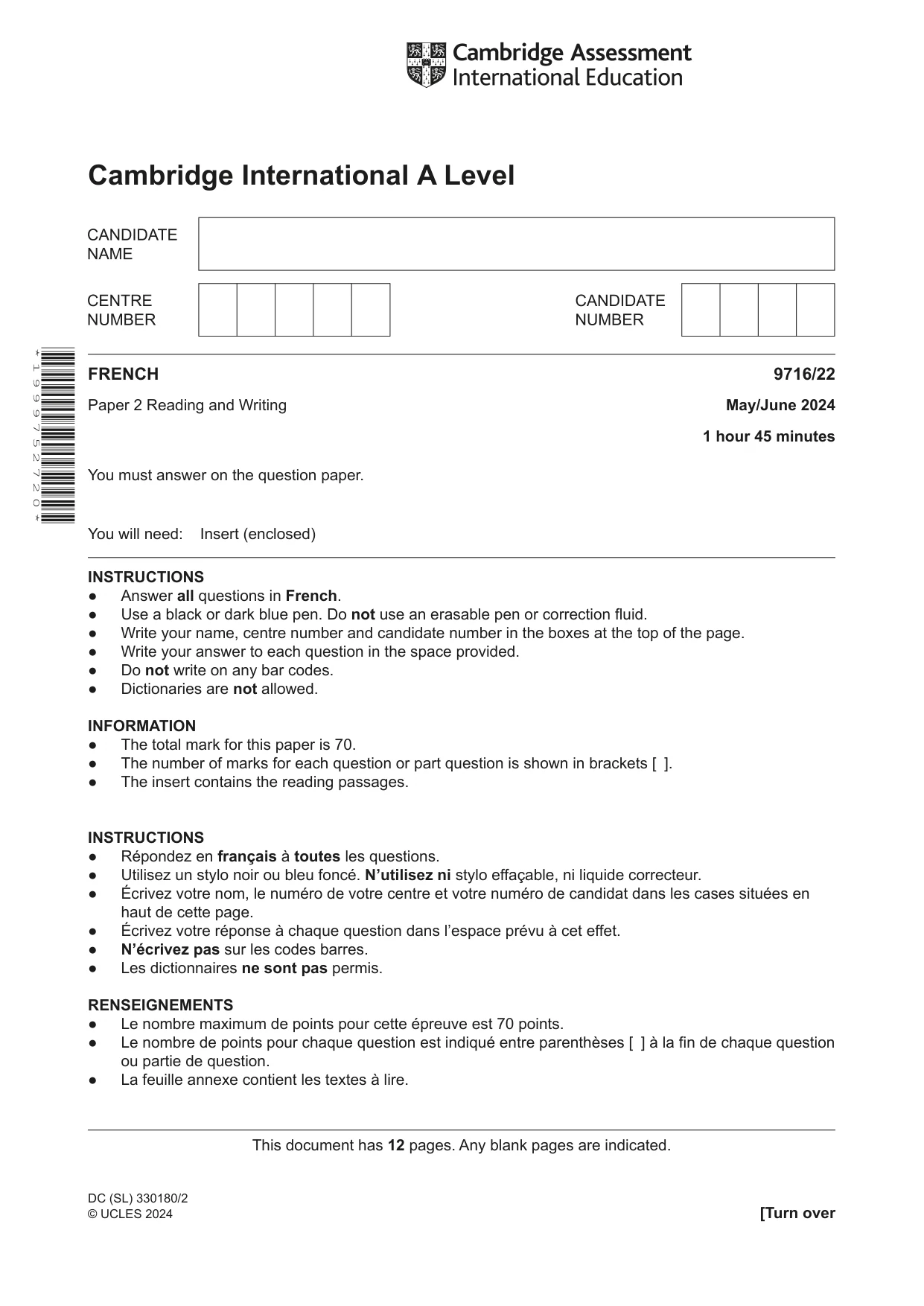 Cambridge A Level French (A Level only) 9716 2024 May/June Paper 2 · Variant 2 question paper, page 1 of 12