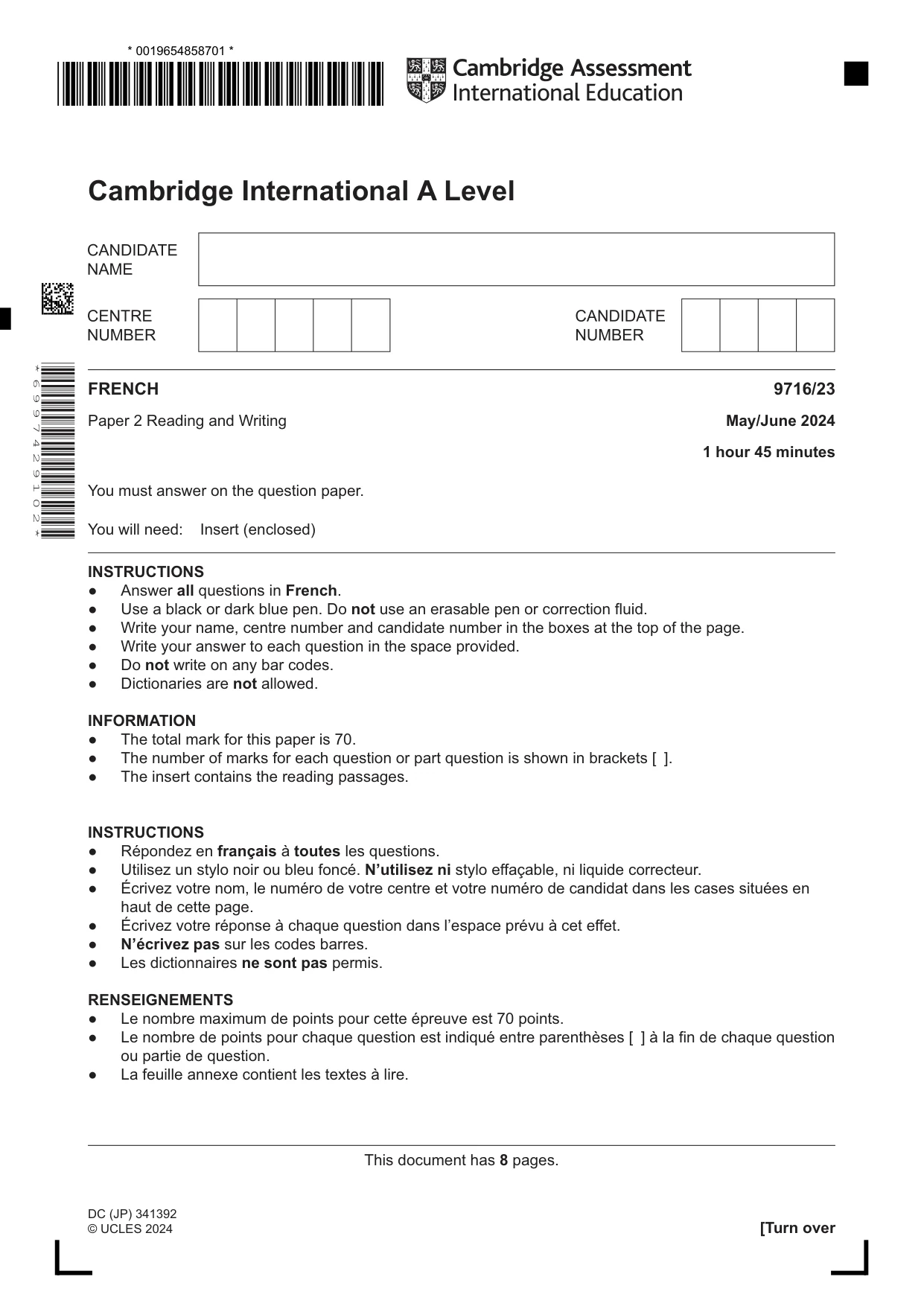 Cambridge A Level French (A Level only) 9716 2024 May/June Paper 2 · Variant 3 question paper, page 1 of 8