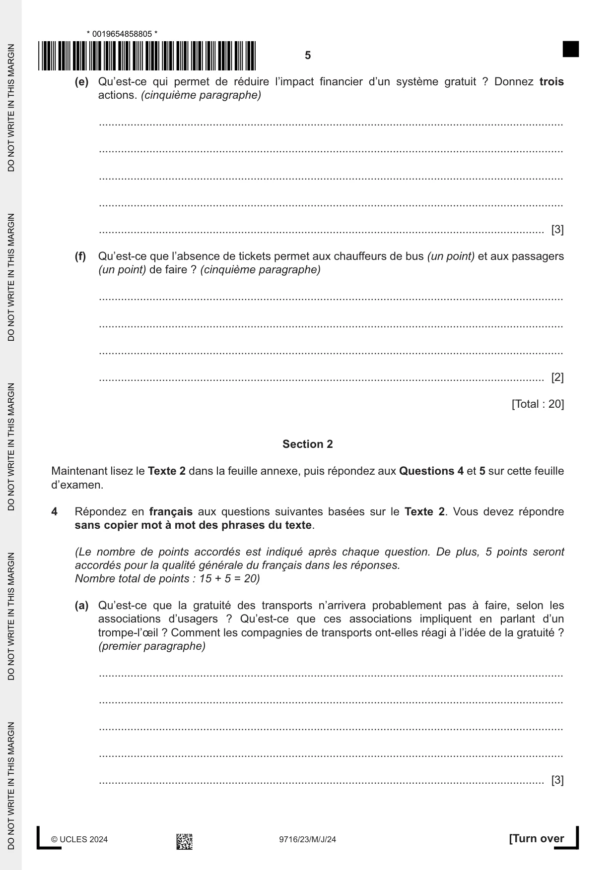 Cambridge A Level French (A Level only) 9716 2024 May/June Paper 2 · Variant 3 question paper, page 5 of 8