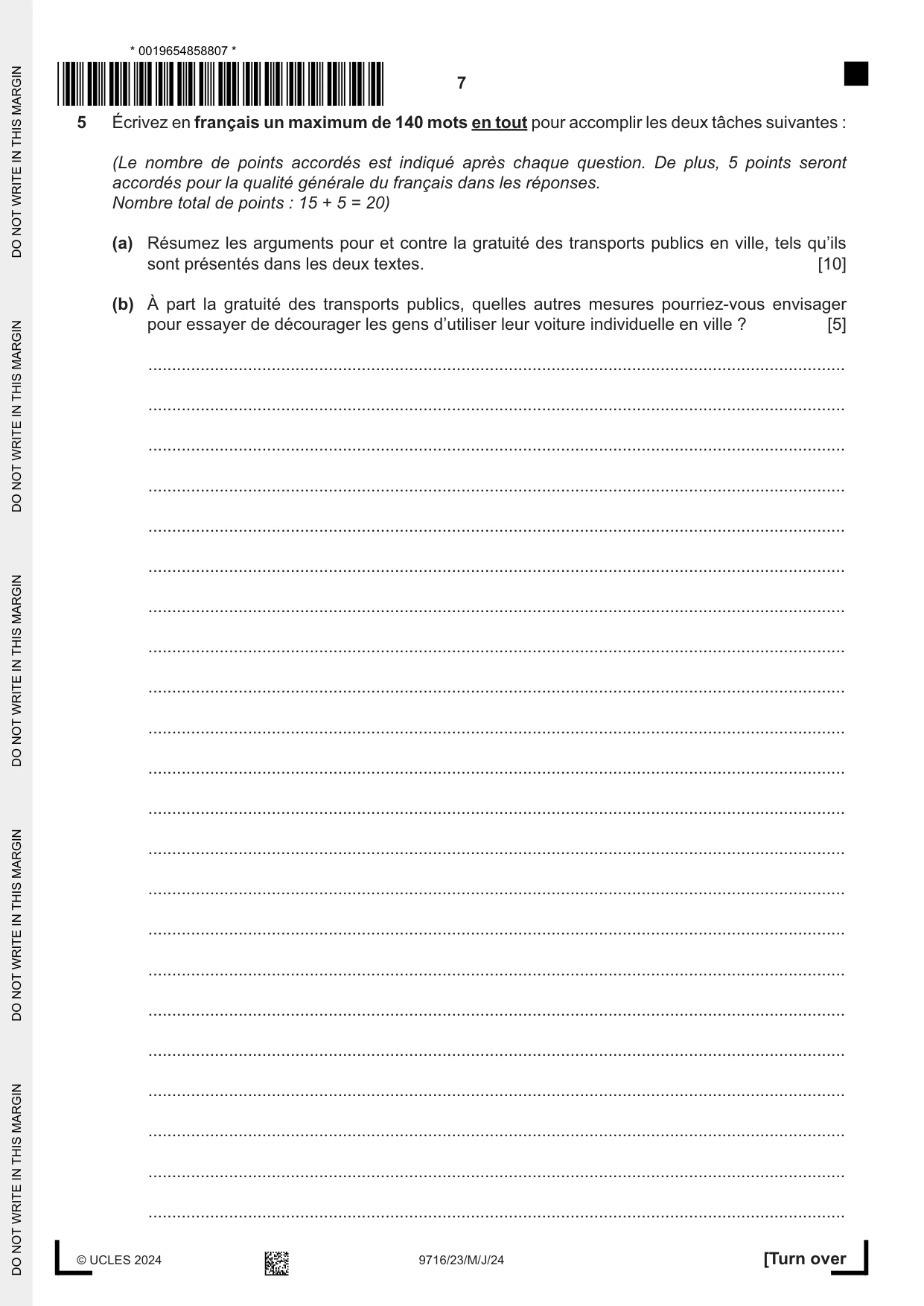 Cambridge A Level French (A Level only) 9716 2024 May/June Paper 2 · Variant 3 question paper, page 7 of 8