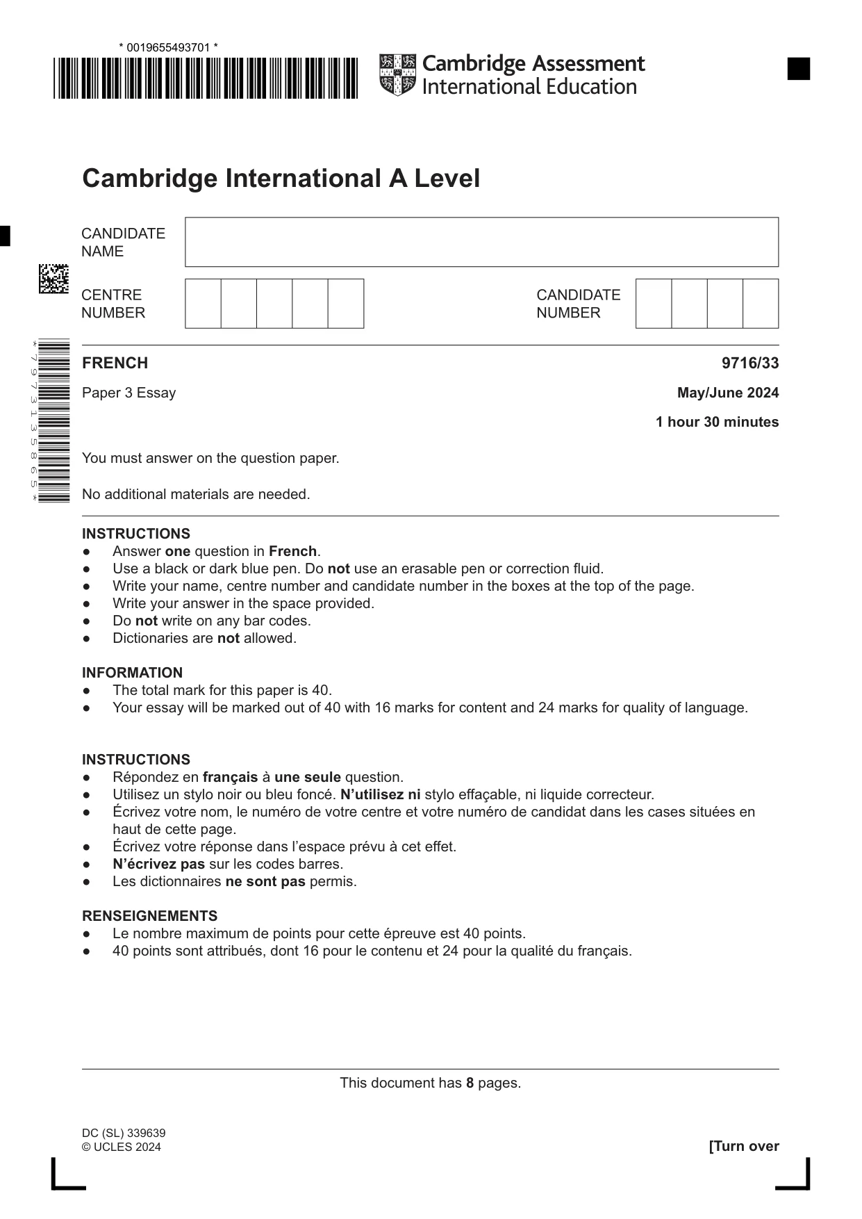 Cambridge A Level French (A Level only) 9716 2024 May/June Paper 3 · Variant 3 question paper, page 1 of 8
