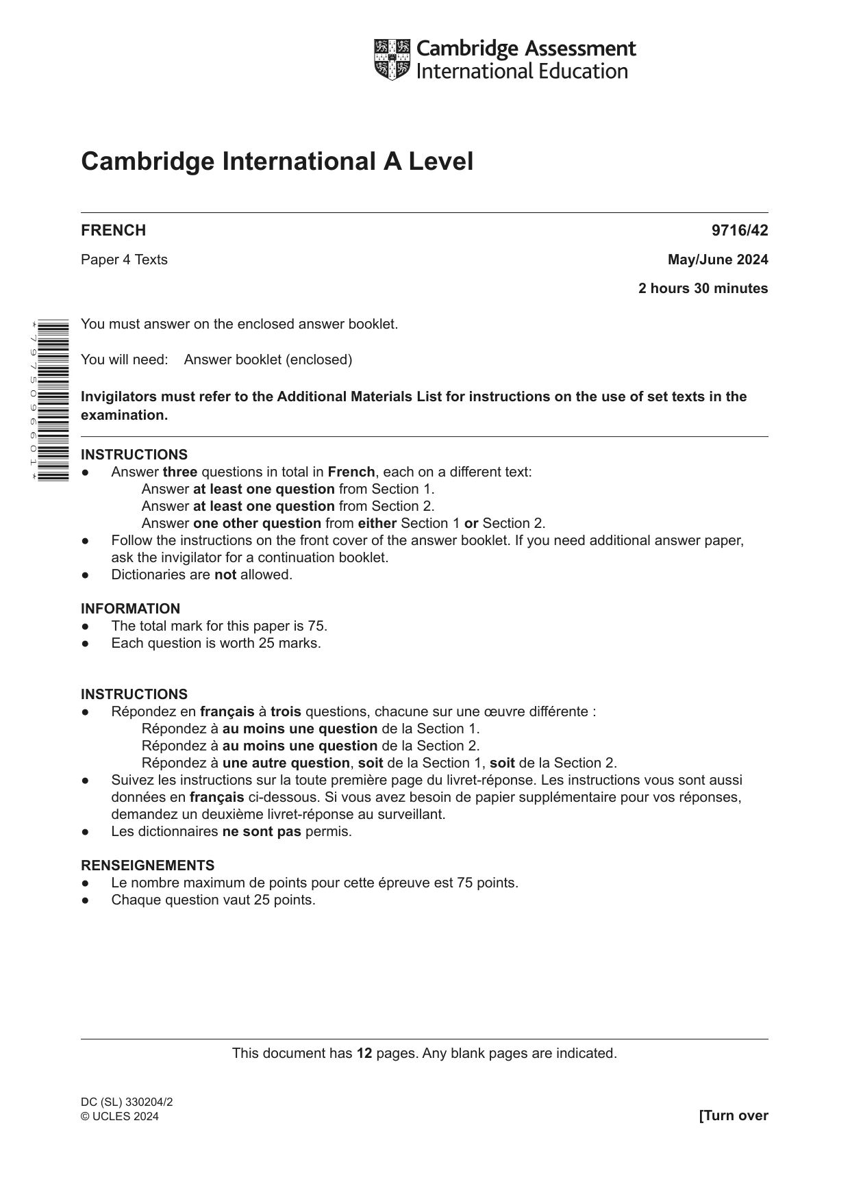 Cambridge A Level French (A Level only) 9716 2024 May/June Paper 4 · Variant 2 question paper, page 1 of 12