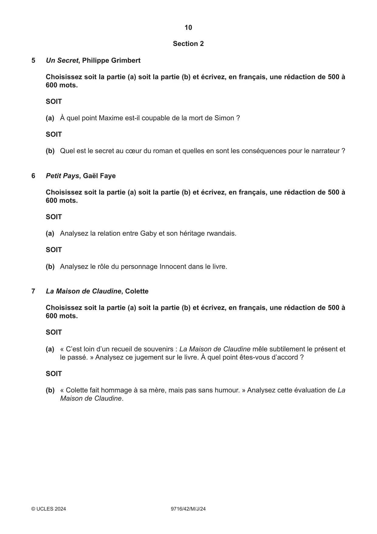 Cambridge A Level French (A Level only) 9716 2024 May/June Paper 4 · Variant 2 question paper, page 10 of 12
