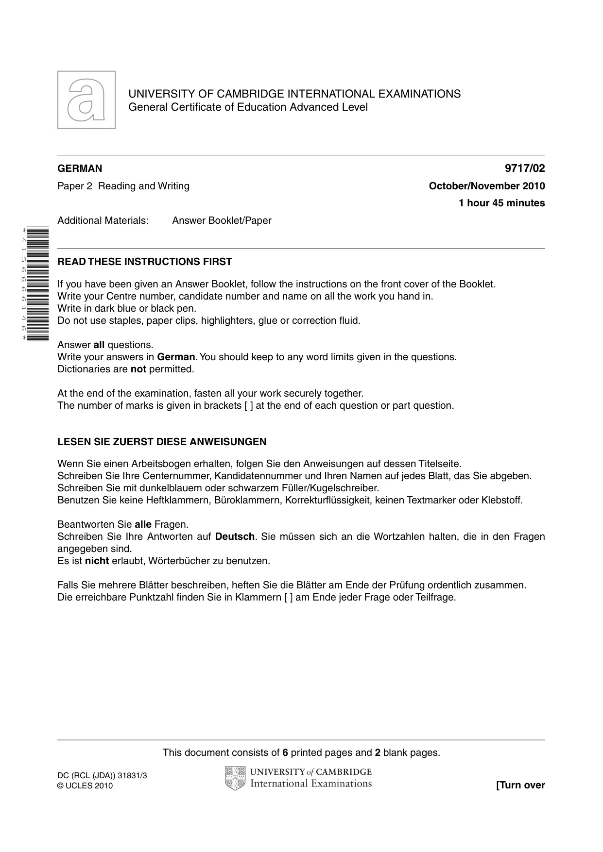 Cambridge A Level German (A Level only) 9717 2010 Oct/Nov Paper 2 · Variant 1 question paper, page 1 of 8