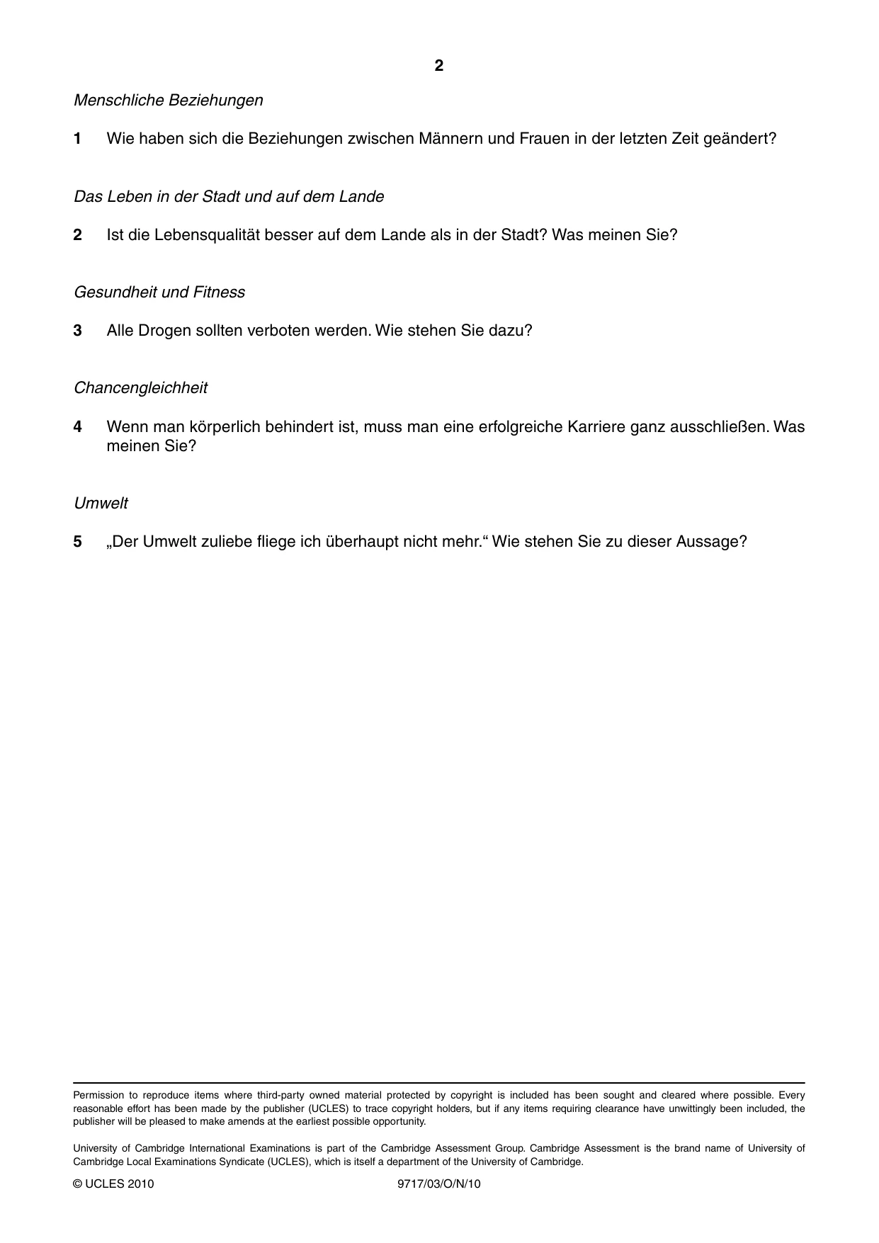 Cambridge A Level German (A Level only) 9717 2010 Oct/Nov Paper 3 · Variant 1 question paper, page 2 of 2
