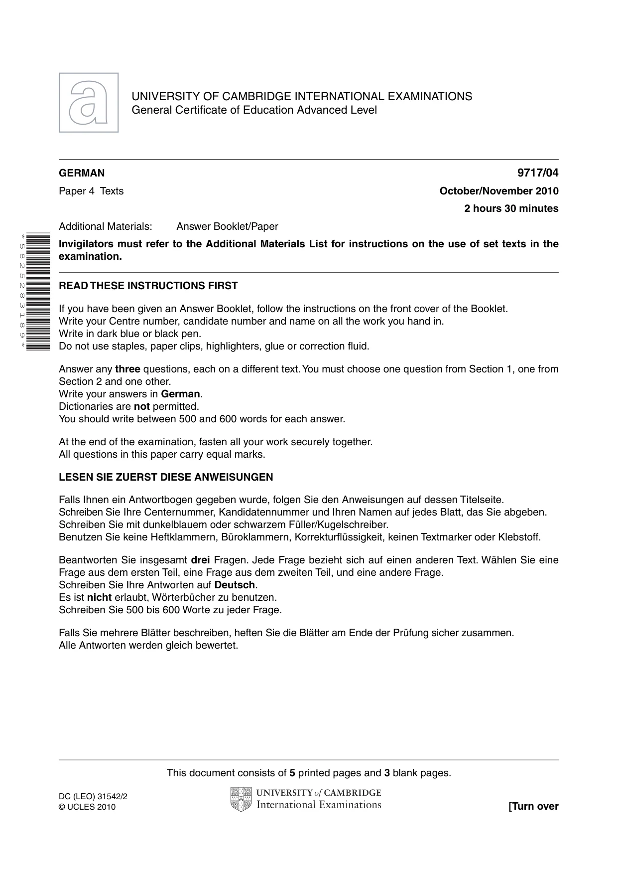 Cambridge A Level German (A Level only) 9717 2010 Oct/Nov Paper 4 · Variant 1 question paper, page 1 of 8