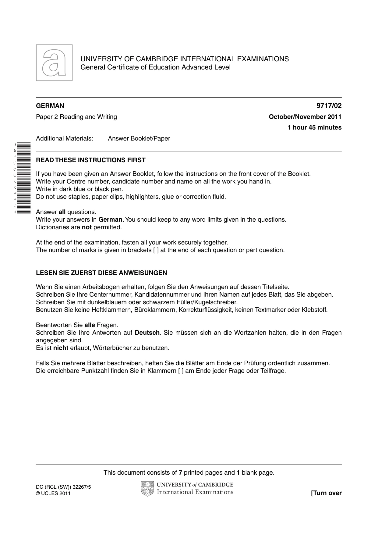 Cambridge A Level German (A Level only) 9717 2011 Oct/Nov Paper 2 · Variant 1 question paper, page 1 of 8