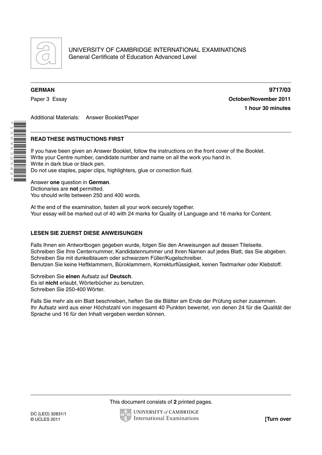 Cambridge A Level German (A Level only) 9717 2011 Oct/Nov Paper 3 · Variant 1 question paper, page 1 of 2
