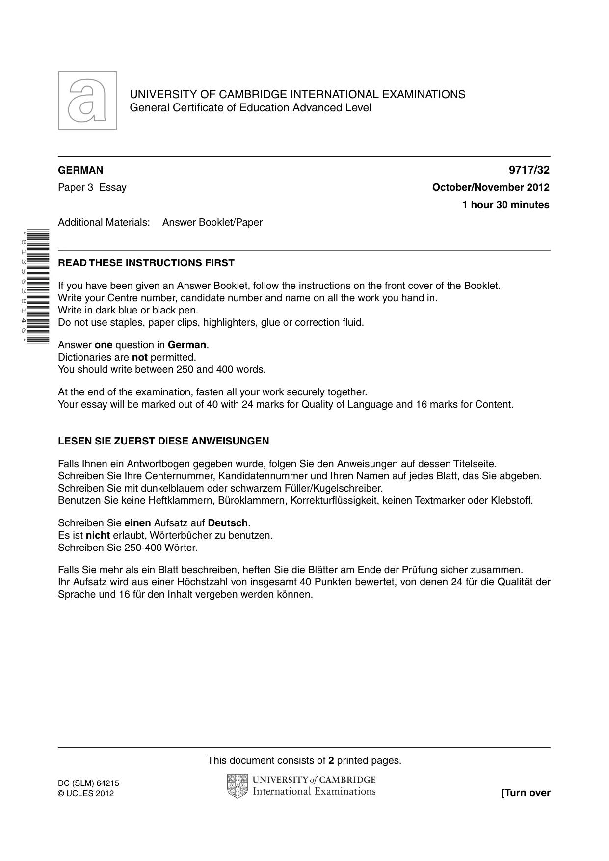 Cambridge A Level German (A Level only) 9717 2012 Oct/Nov Paper 3 · Variant 2 question paper, page 1 of 2