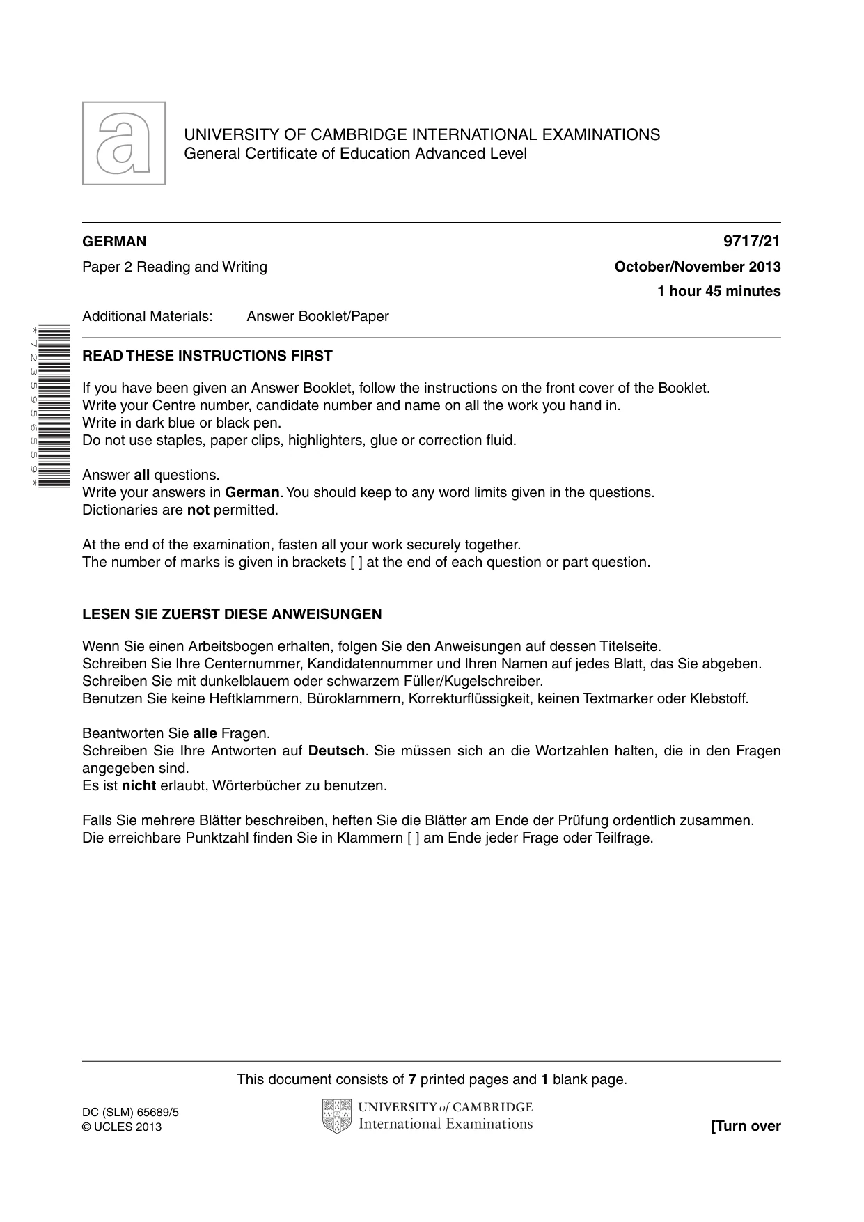 Cambridge A Level German (A Level only) 9717 2013 Oct/Nov Paper 2 · Variant 1 question paper, page 1 of 8