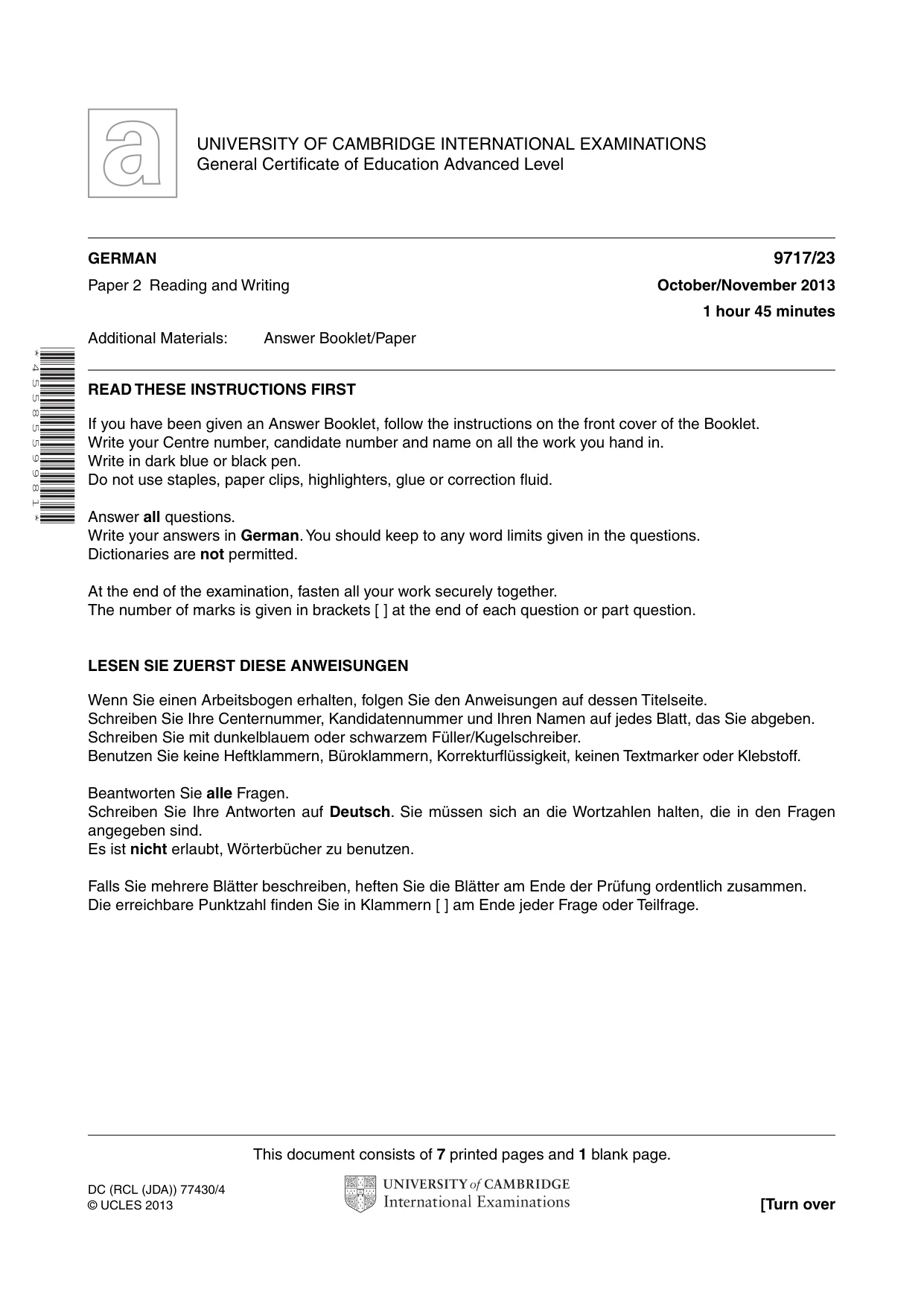 Cambridge A Level German (A Level only) 9717 2013 Oct/Nov Paper 2 · Variant 3 question paper, page 1 of 8