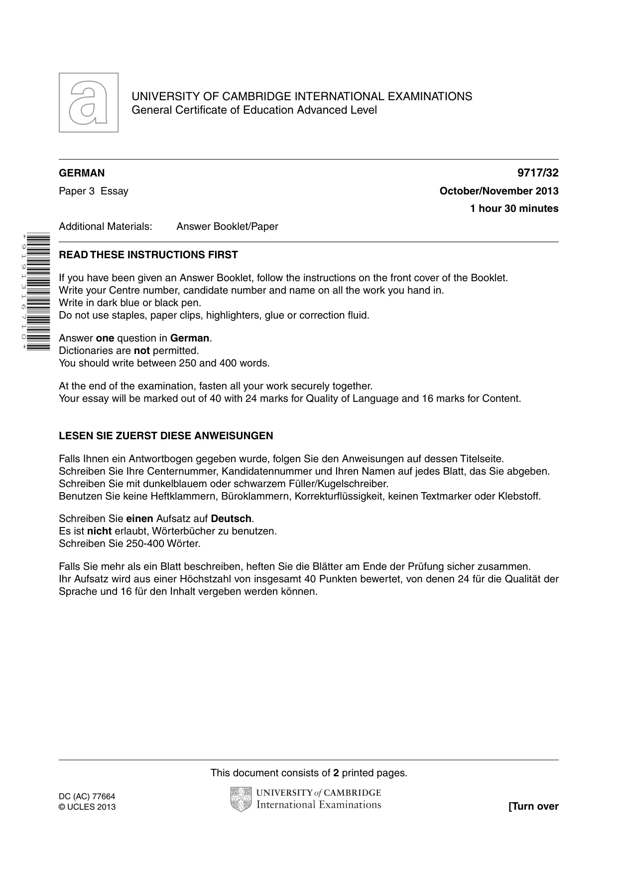 Cambridge A Level German (A Level only) 9717 2013 Oct/Nov Paper 3 · Variant 2 question paper, page 1 of 3