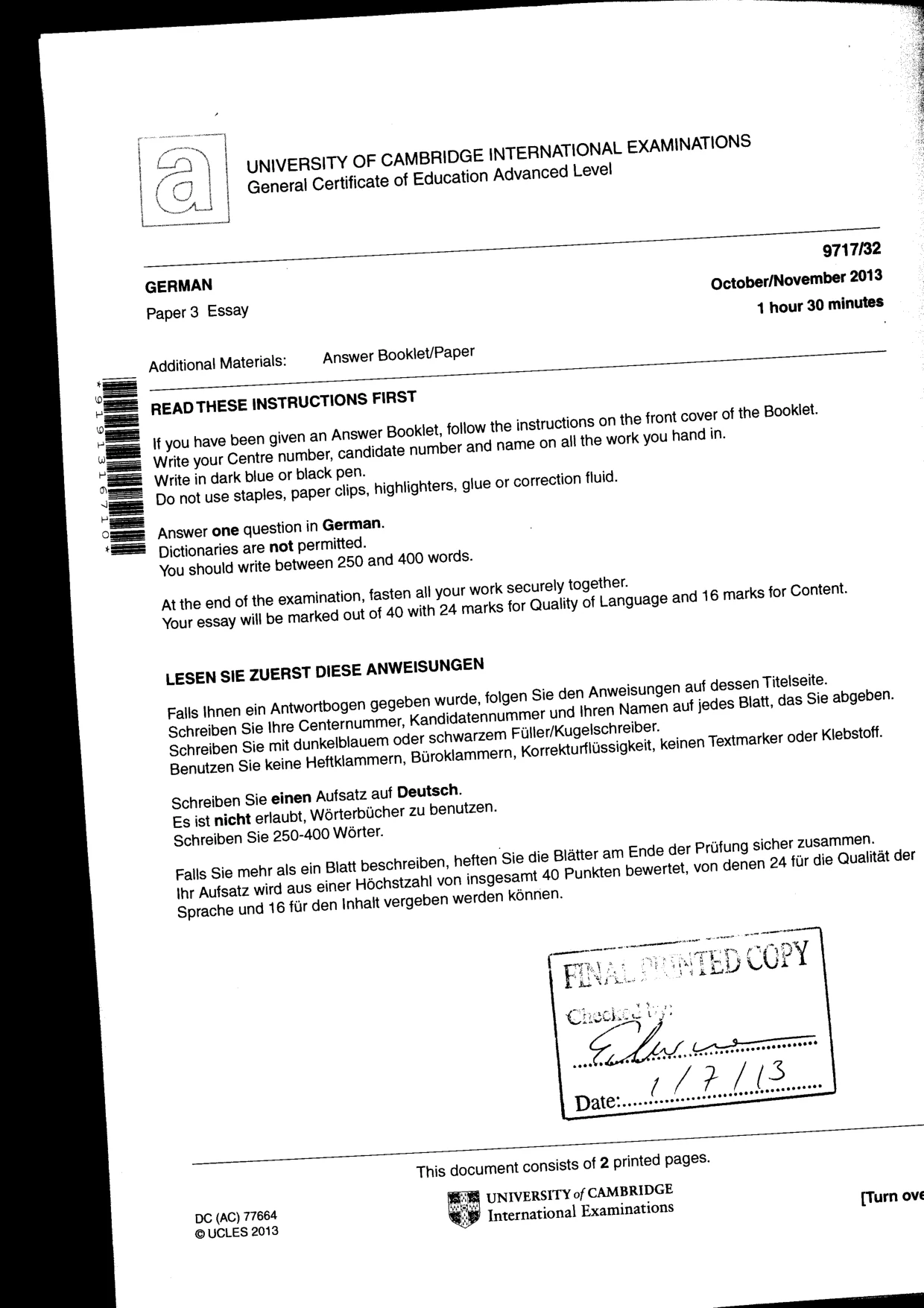 Cambridge A Level German (A Level only) 9717 2013 Oct/Nov Paper 3 · Variant 2 question paper, page 3 of 3