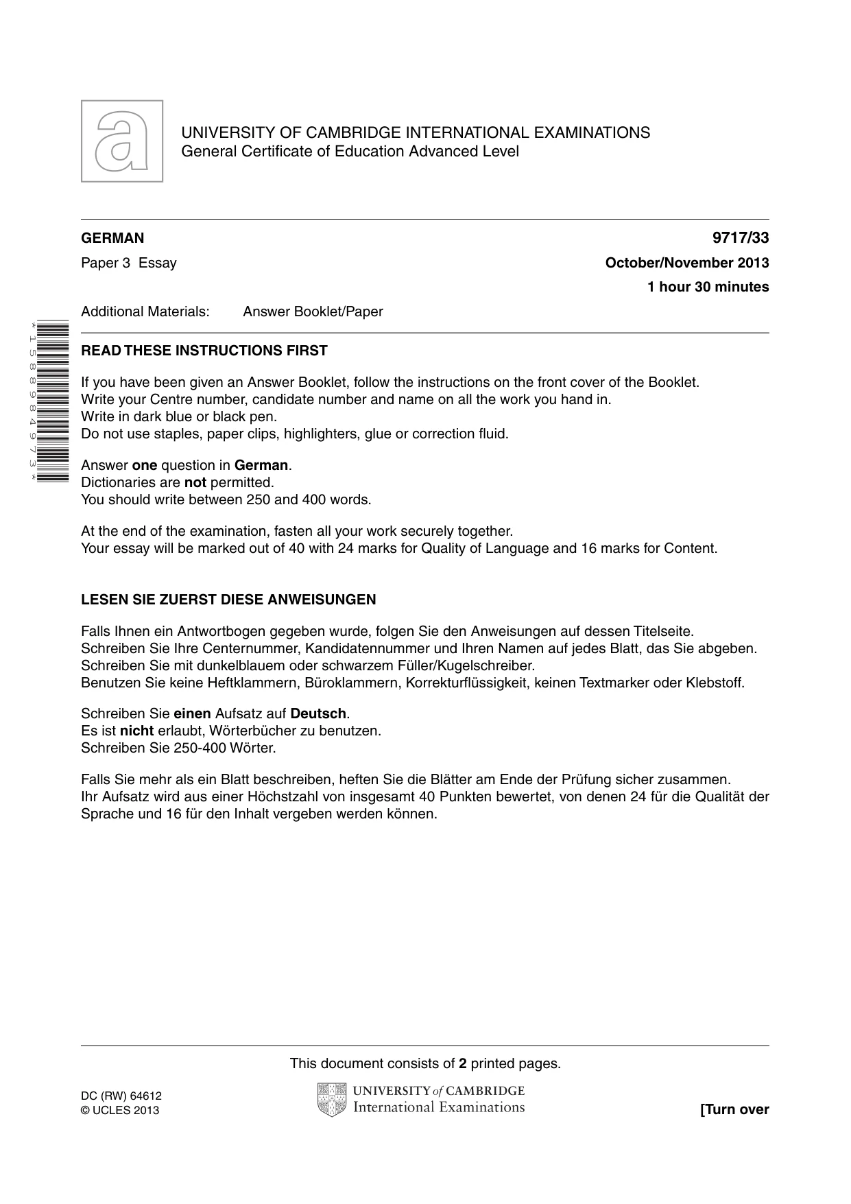 Cambridge A Level German (A Level only) 9717 2013 Oct/Nov Paper 3 · Variant 3 question paper, page 1 of 2