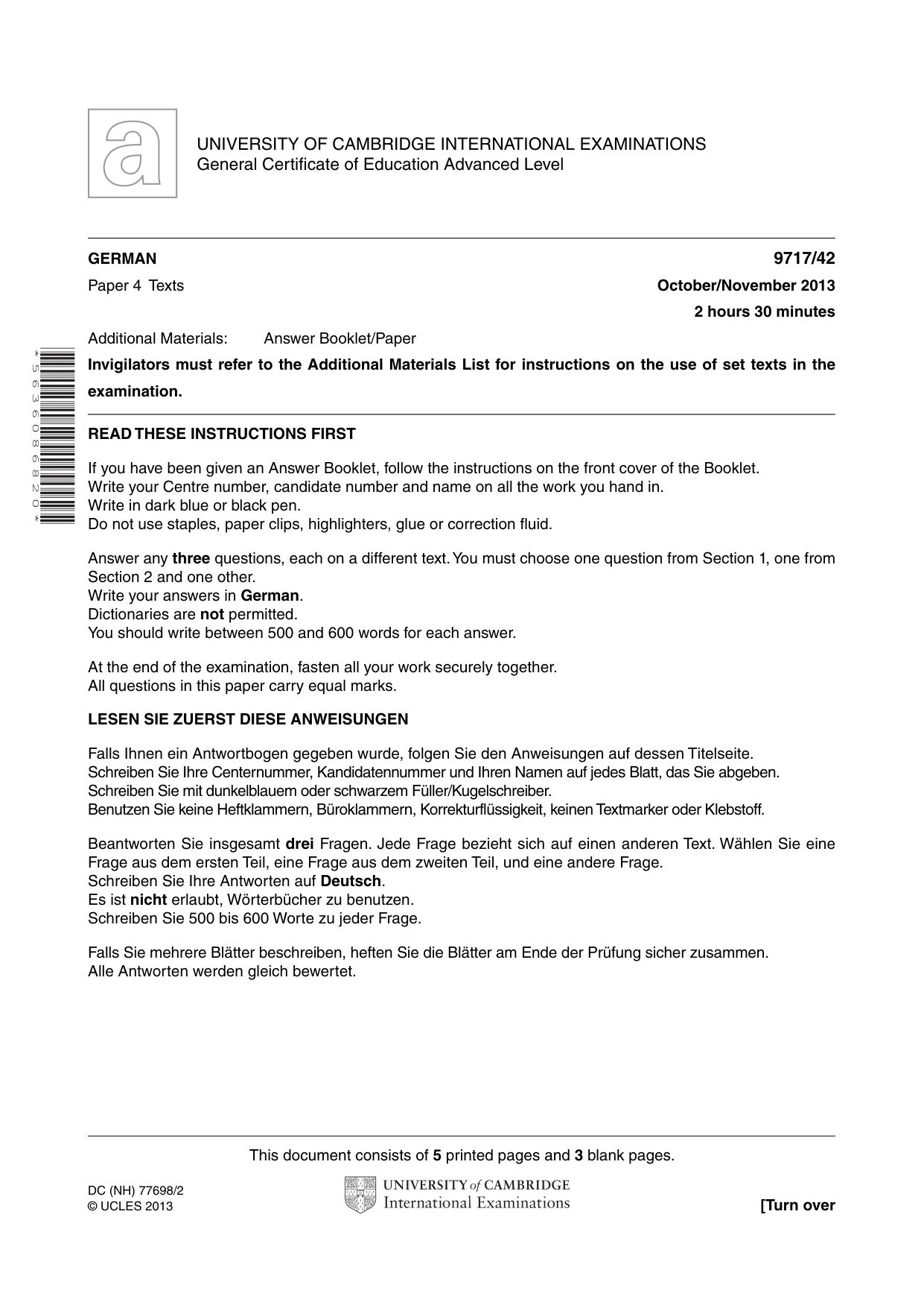 Cambridge A Level German (A Level only) 9717 2013 Oct/Nov Paper 4 · Variant 2 question paper, page 1 of 9