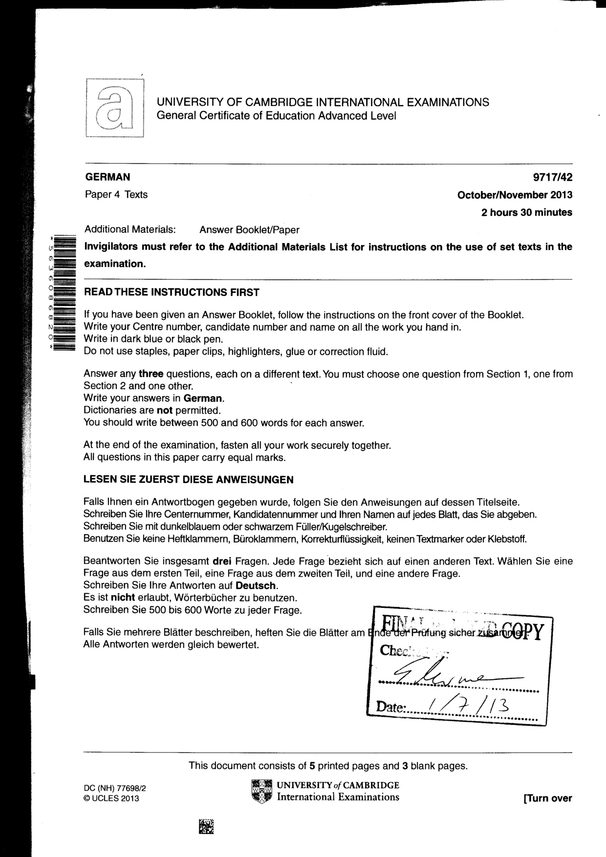 Cambridge A Level German (A Level only) 9717 2013 Oct/Nov Paper 4 · Variant 2 question paper, page 9 of 9