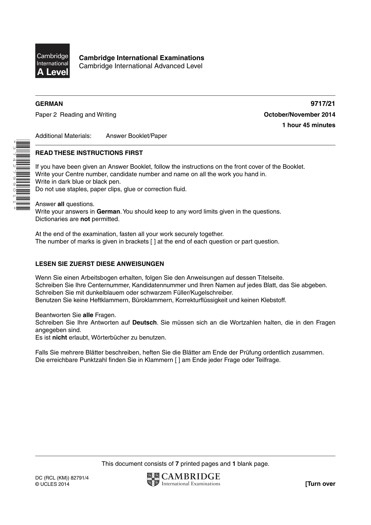 Cambridge A Level German (A Level only) 9717 2014 Oct/Nov Paper 2 · Variant 1 question paper, page 1 of 8