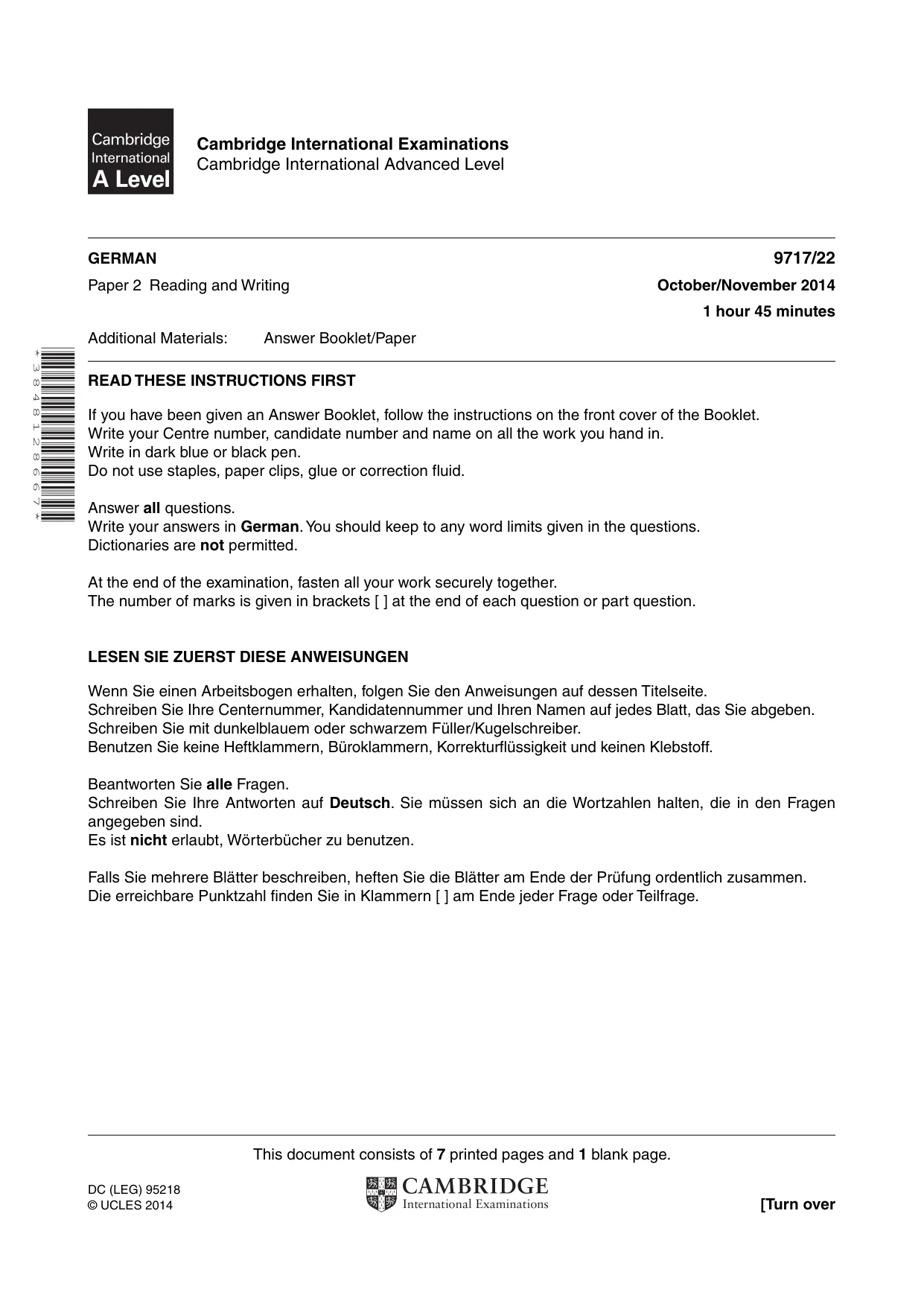 Cambridge A Level German (A Level only) 9717 2014 Oct/Nov Paper 2 · Variant 2 question paper, page 1 of 8