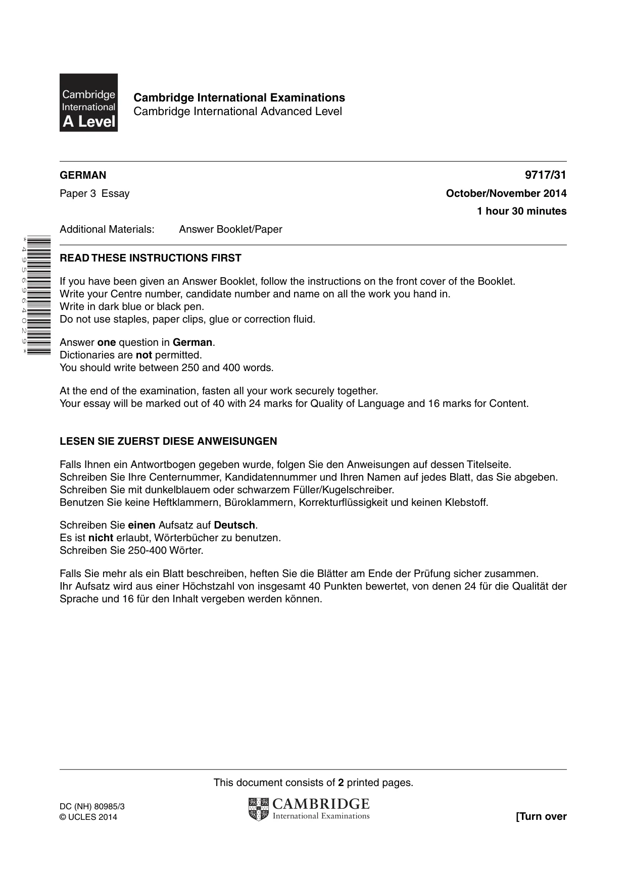Cambridge A Level German (A Level only) 9717 2014 Oct/Nov Paper 3 · Variant 1 question paper, page 1 of 2