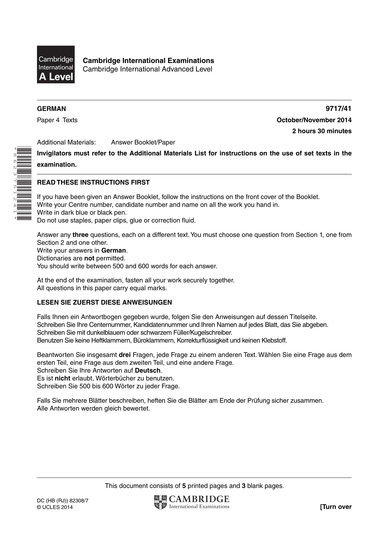 Cambridge A Level German (A Level only) 9717 2014 Oct/Nov Paper 4 · Variant 1 question paper, page 1 of 8