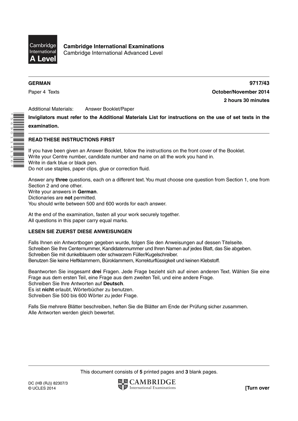 Cambridge A Level German (A Level only) 9717 2014 Oct/Nov Paper 4 · Variant 3 question paper, page 1 of 8