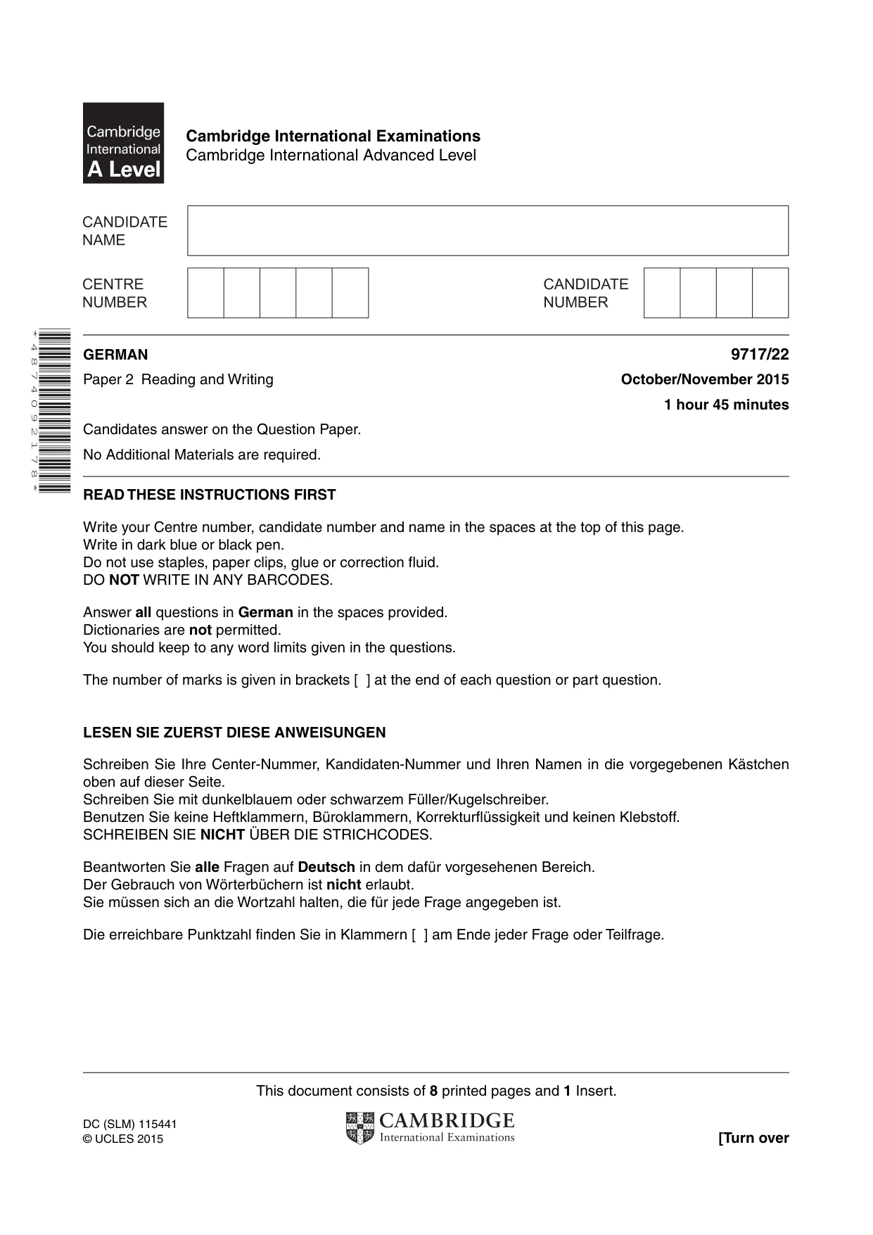 Cambridge A Level German (A Level only) 9717 2015 Oct/Nov Paper 2 · Variant 2 question paper, page 1 of 8