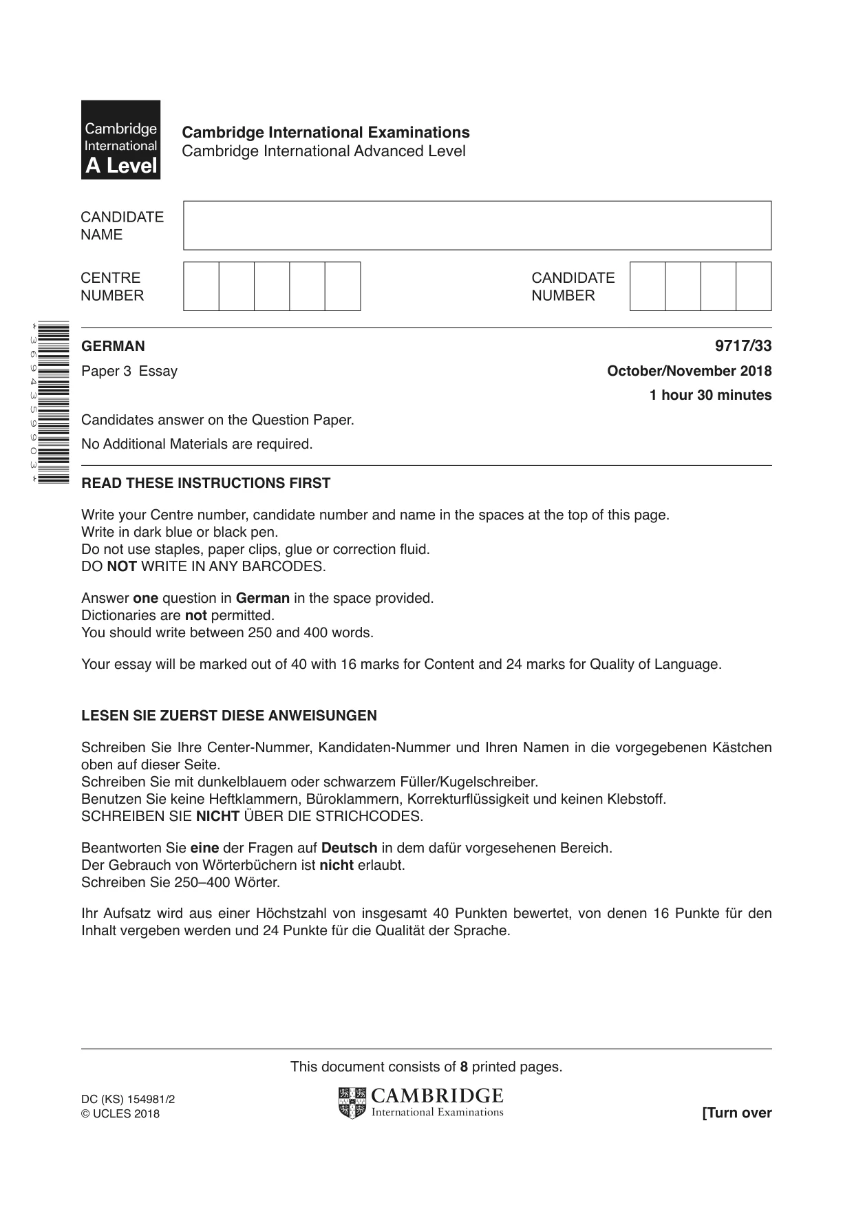 Cambridge A Level German (A Level only) 9717 2018 Oct/Nov Paper 3 · Variant 3 question paper, page 1 of 8