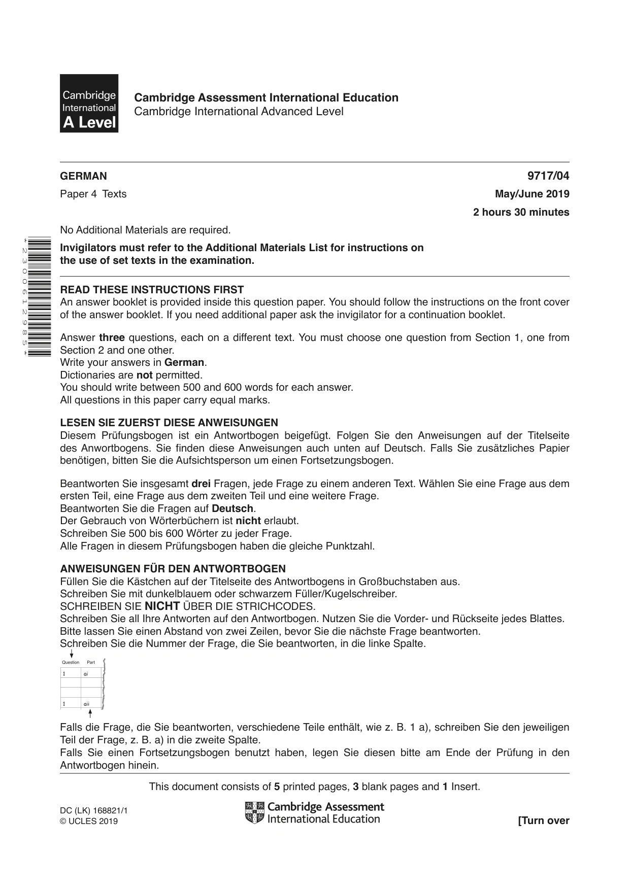 Cambridge A Level German (A Level only) 9717 2019 May/June Paper 4 · Variant 1 question paper, page 1 of 8