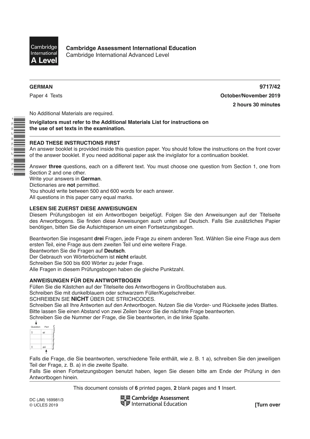 Cambridge A Level German (A Level only) 9717 2019 Oct/Nov Paper 4 · Variant 2 question paper, page 1 of 8