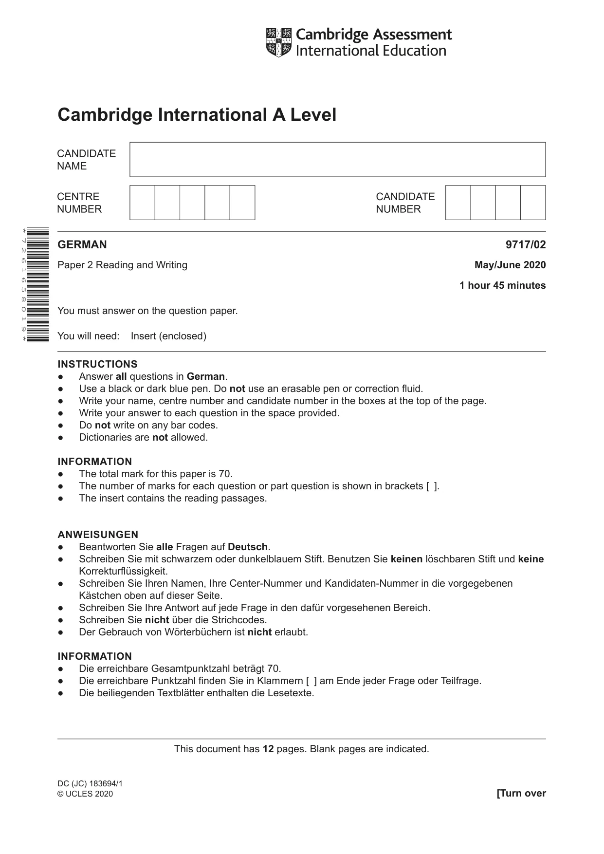 Cambridge A Level German (A Level only) 9717 2020 May/June Paper 2 · Variant 0 question paper, page 1 of 12