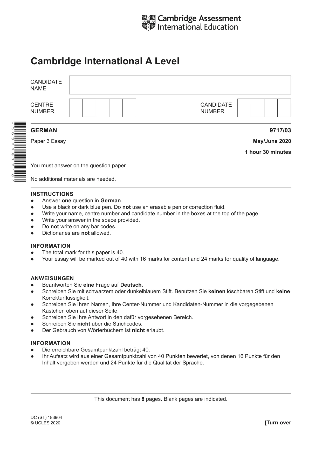 Cambridge A Level German (A Level only) 9717 2020 May/June Paper 3 · Variant 0 question paper, page 1 of 8