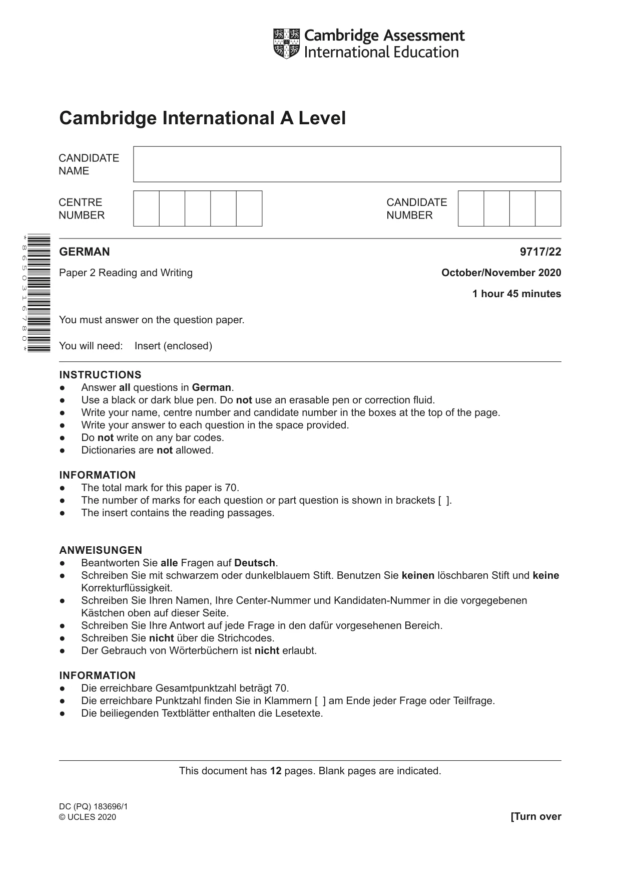 Cambridge A Level German (A Level only) 9717 2020 Oct/Nov Paper 2 · Variant 2 question paper, page 1 of 12