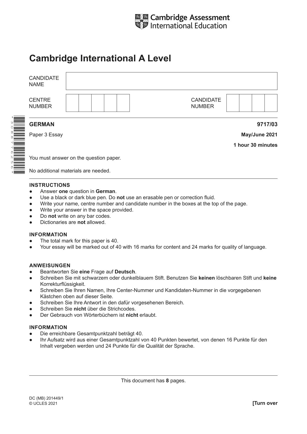 Cambridge A Level German (A Level only) 9717 2021 May/June Paper 3 · Variant 0 question paper, page 1 of 8
