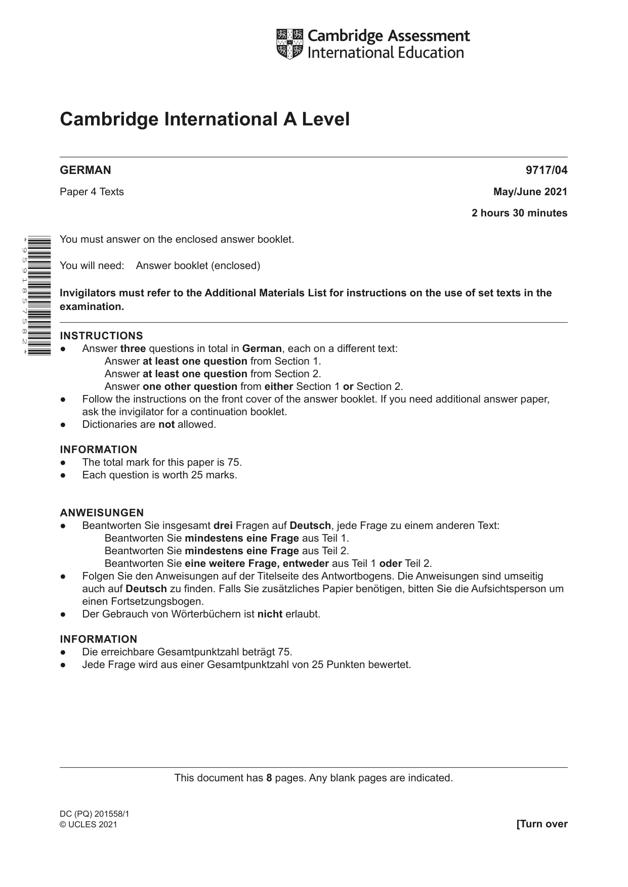 Cambridge A Level German (A Level only) 9717 2021 May/June Paper 4 · Variant 0 question paper, page 1 of 8