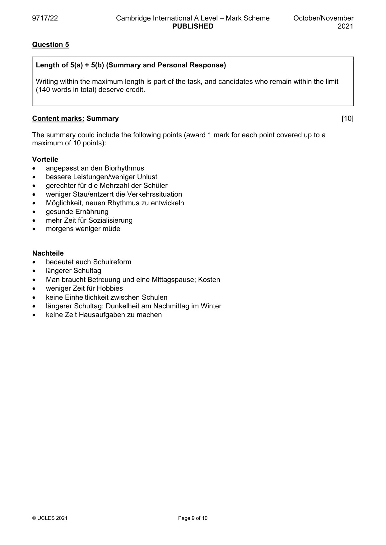 Mark scheme, page 9 of 10