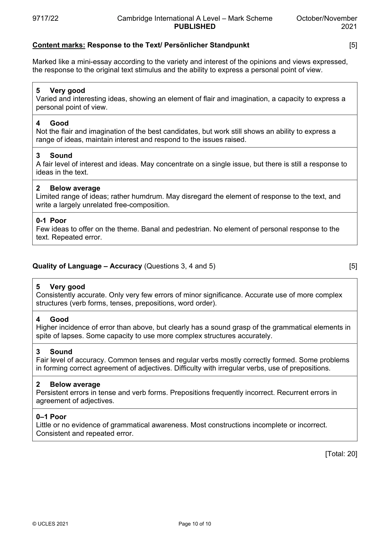 Mark scheme, page 10 of 10