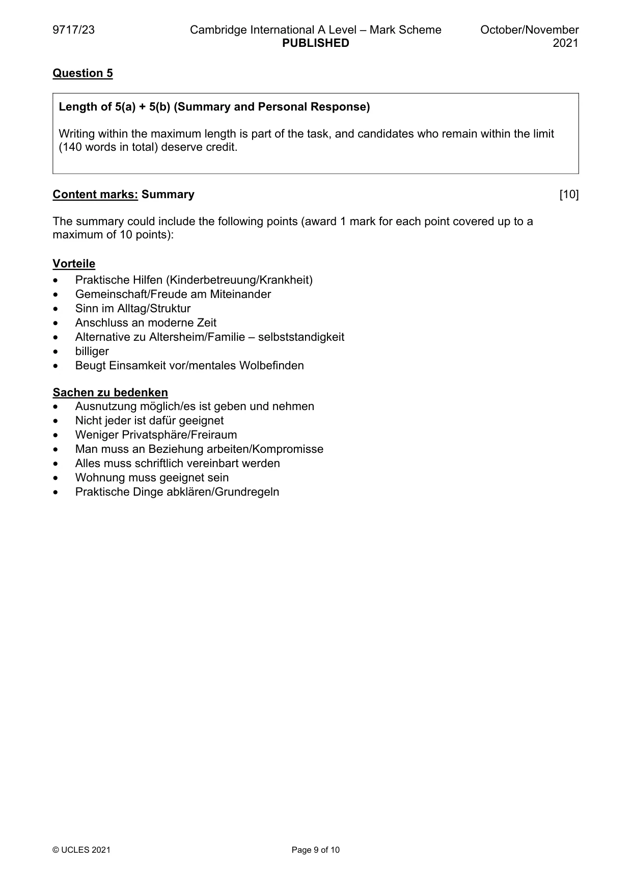 Mark scheme, page 9 of 10