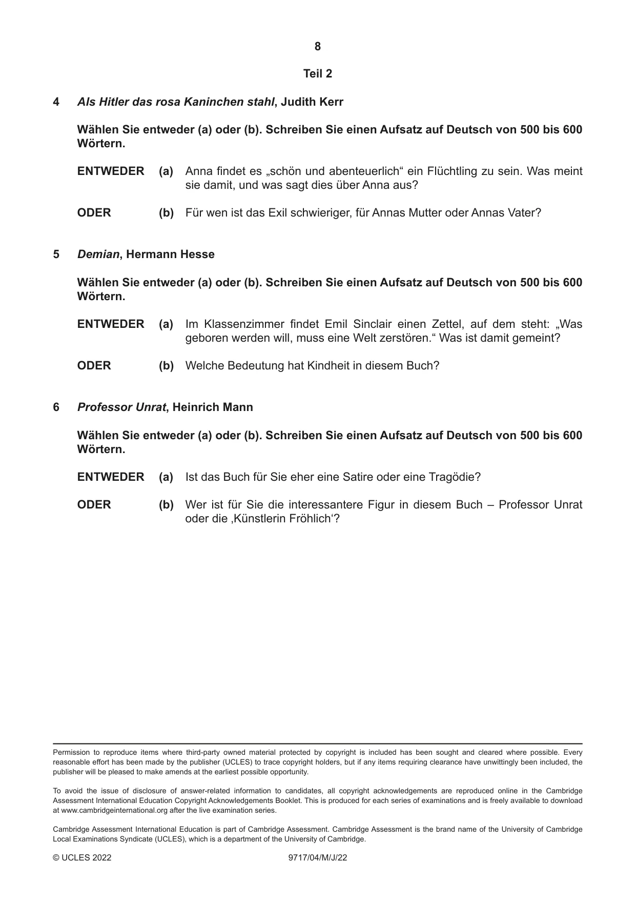 Cambridge A Level German (A Level only) 9717 2022 May/June Paper 4 · Variant 0 question paper, page 8 of 8