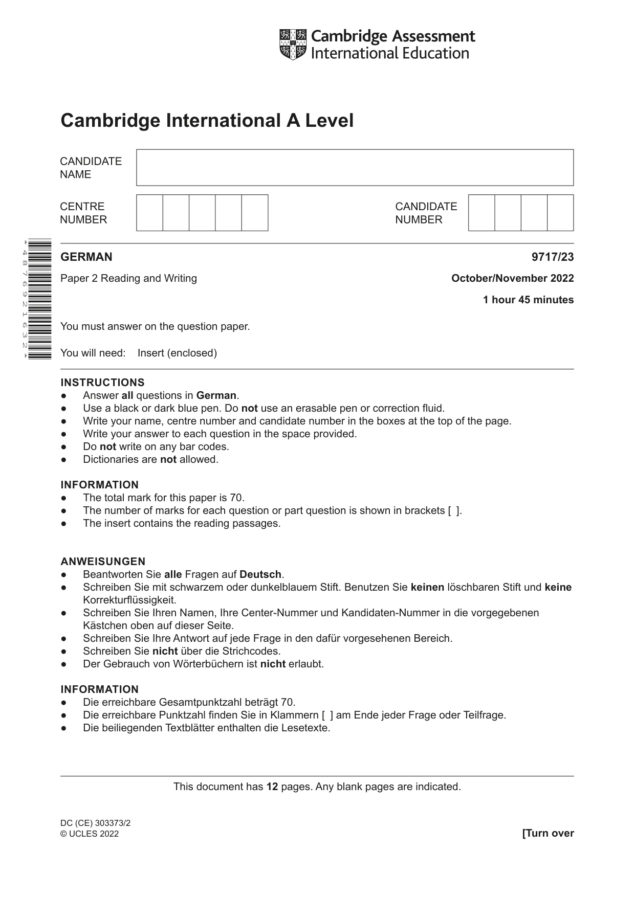 Cambridge A Level German (A Level only) 9717 2022 Oct/Nov Paper 2 · Variant 3 question paper, page 1 of 12