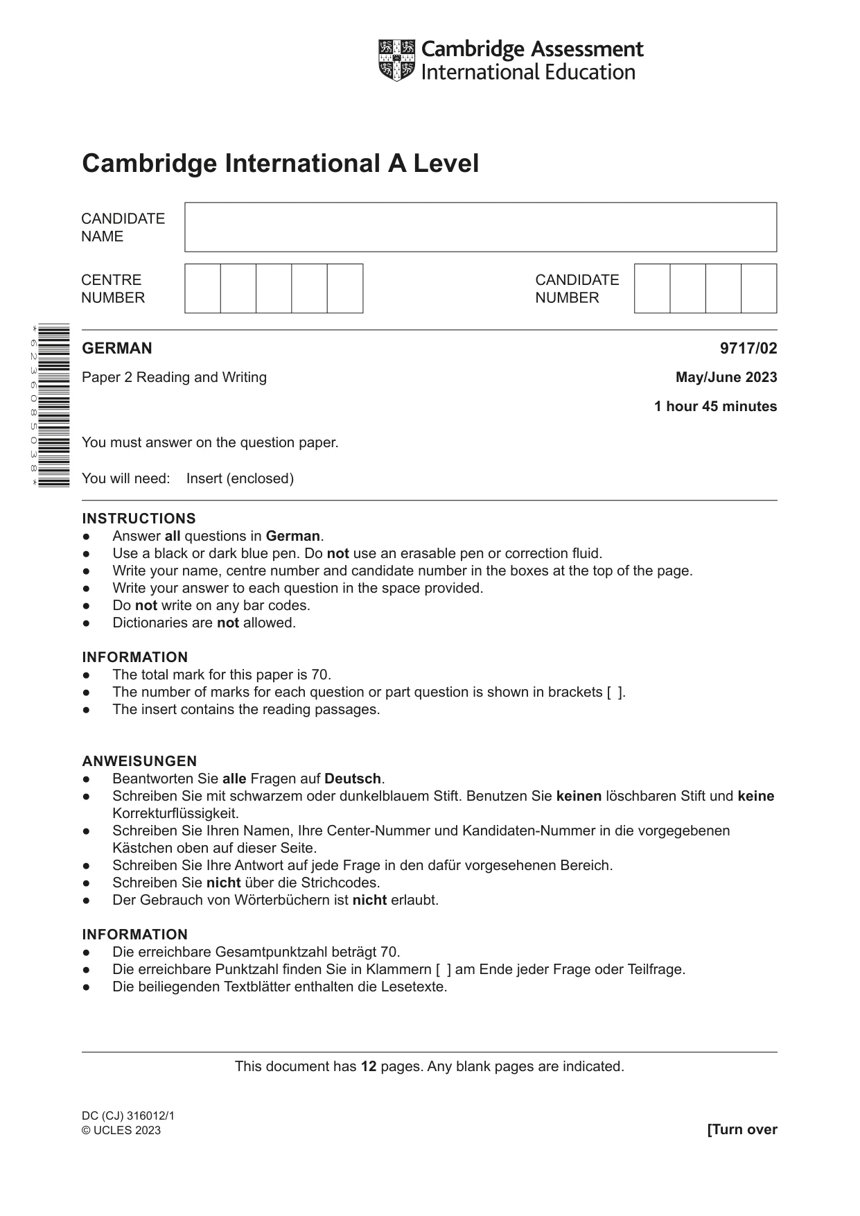 Cambridge A Level German (A Level only) 9717 2023 May/June Paper 2 · Variant 0 question paper, page 1 of 12