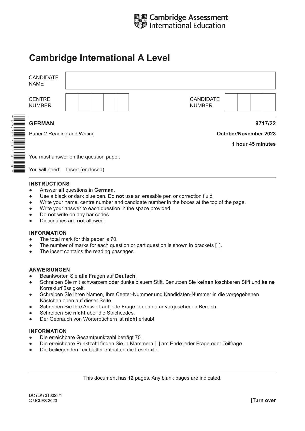 Cambridge A Level German (A Level only) 9717 2023 Oct/Nov Paper 2 · Variant 2 question paper, page 1 of 12