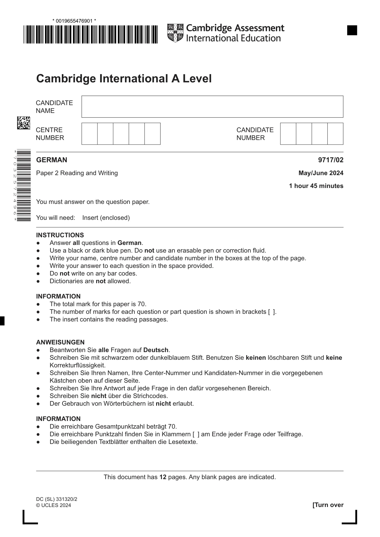 Cambridge A Level German (A Level only) 9717 2024 May/June Paper 2 · Variant 0 question paper, page 1 of 12