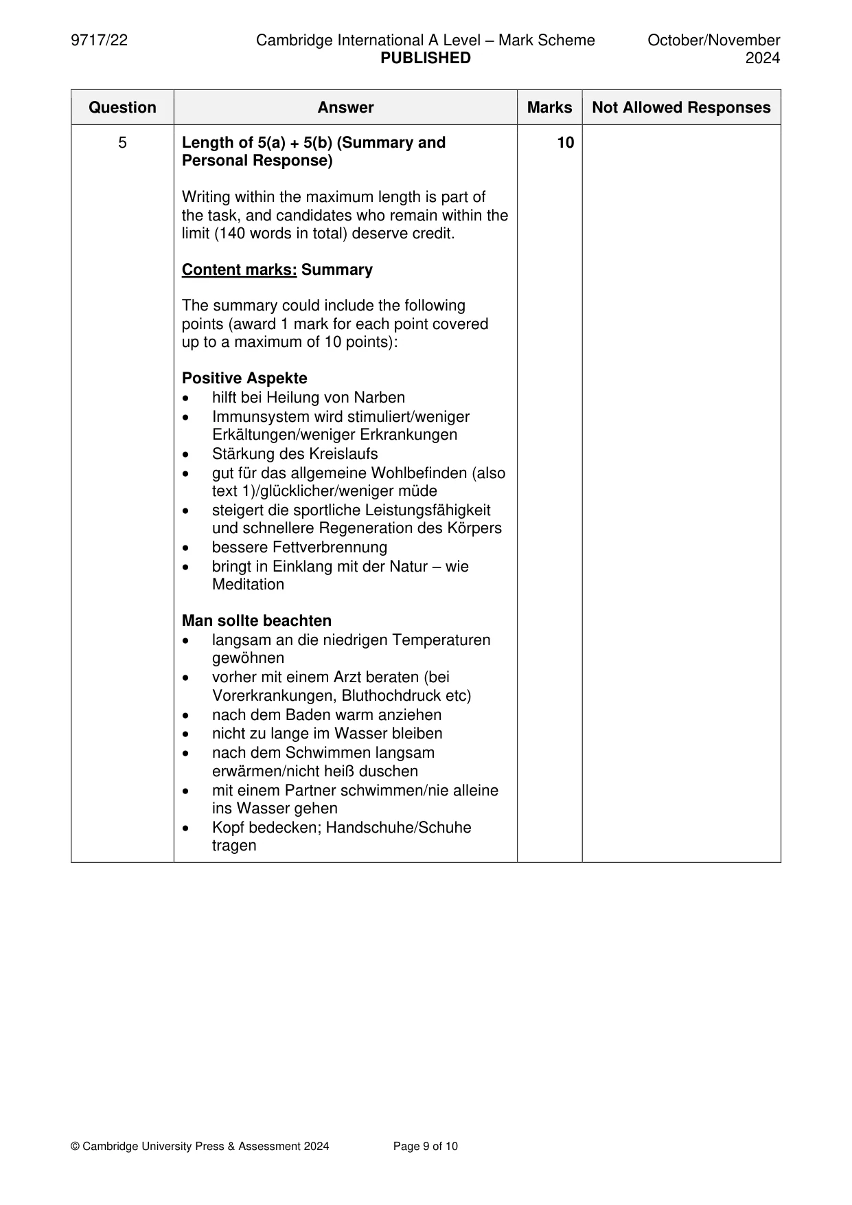 Mark scheme, page 9 of 10