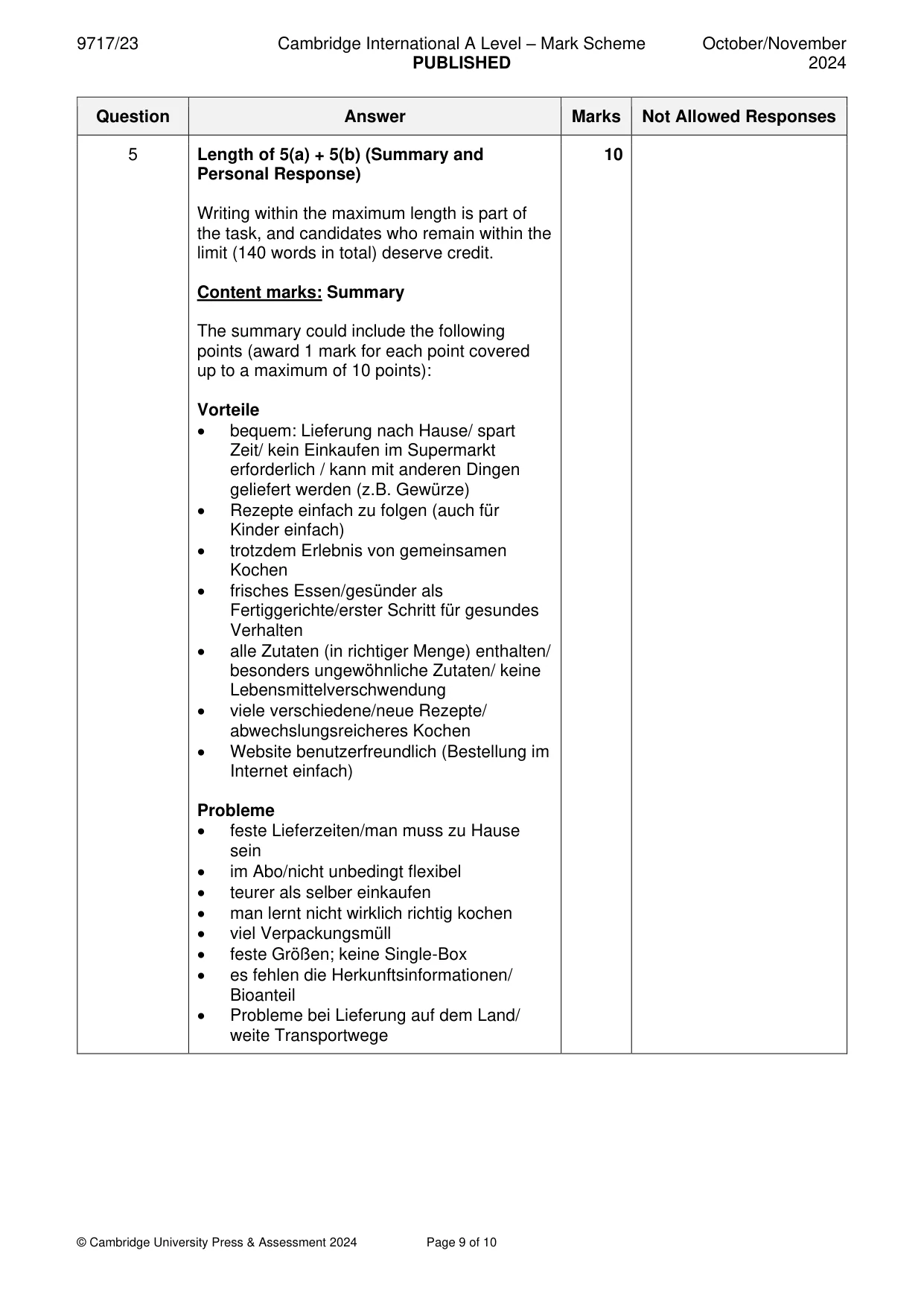 Mark scheme, page 9 of 10