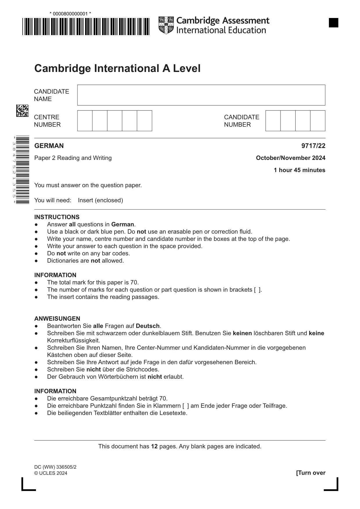 Cambridge A Level German (A Level only) 9717 2024 Oct/Nov Paper 2 · Variant 2 question paper, page 1 of 12