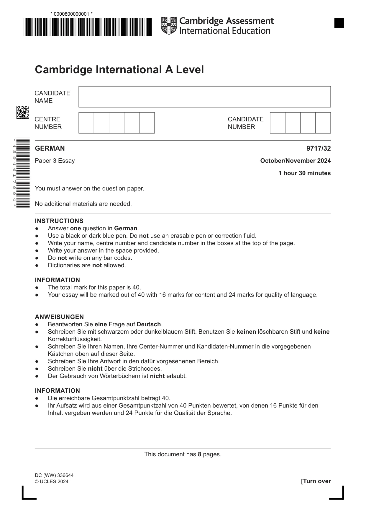 Cambridge A Level German (A Level only) 9717 2024 Oct/Nov Paper 3 · Variant 2 question paper, page 1 of 8