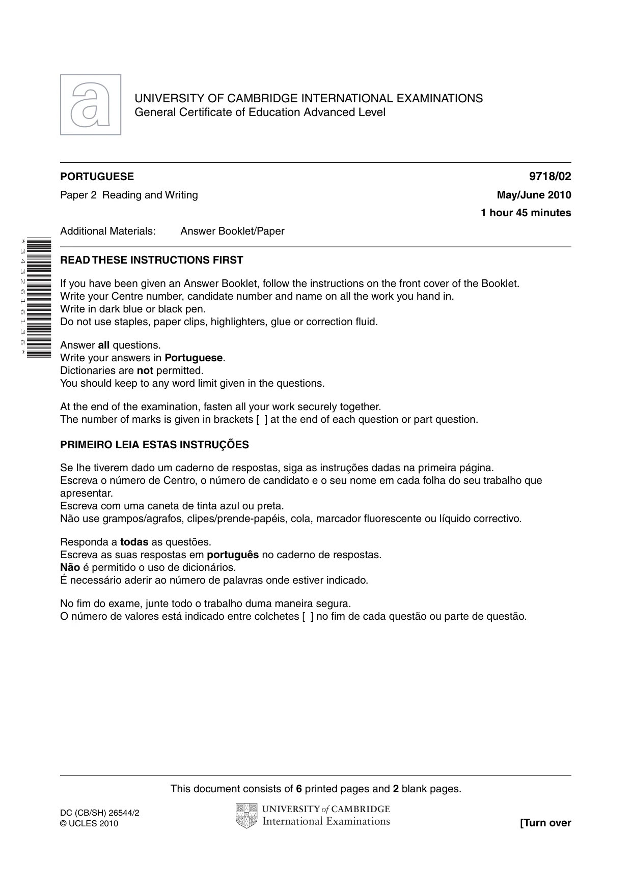Cambridge A Level Portuguese (A Level only) 9718 2010 May/June Paper 2 · Variant 1 question paper, page 1 of 8
