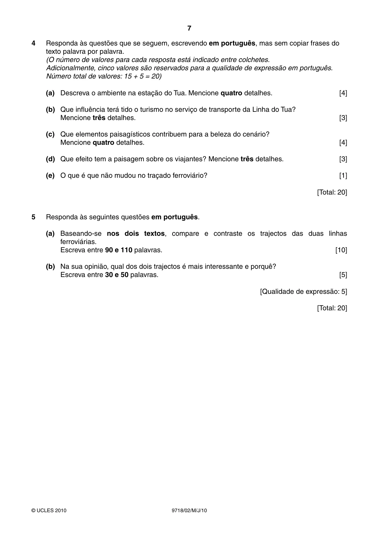 Cambridge A Level Portuguese (A Level only) 9718 2010 May/June Paper 2 · Variant 1 question paper, page 7 of 8