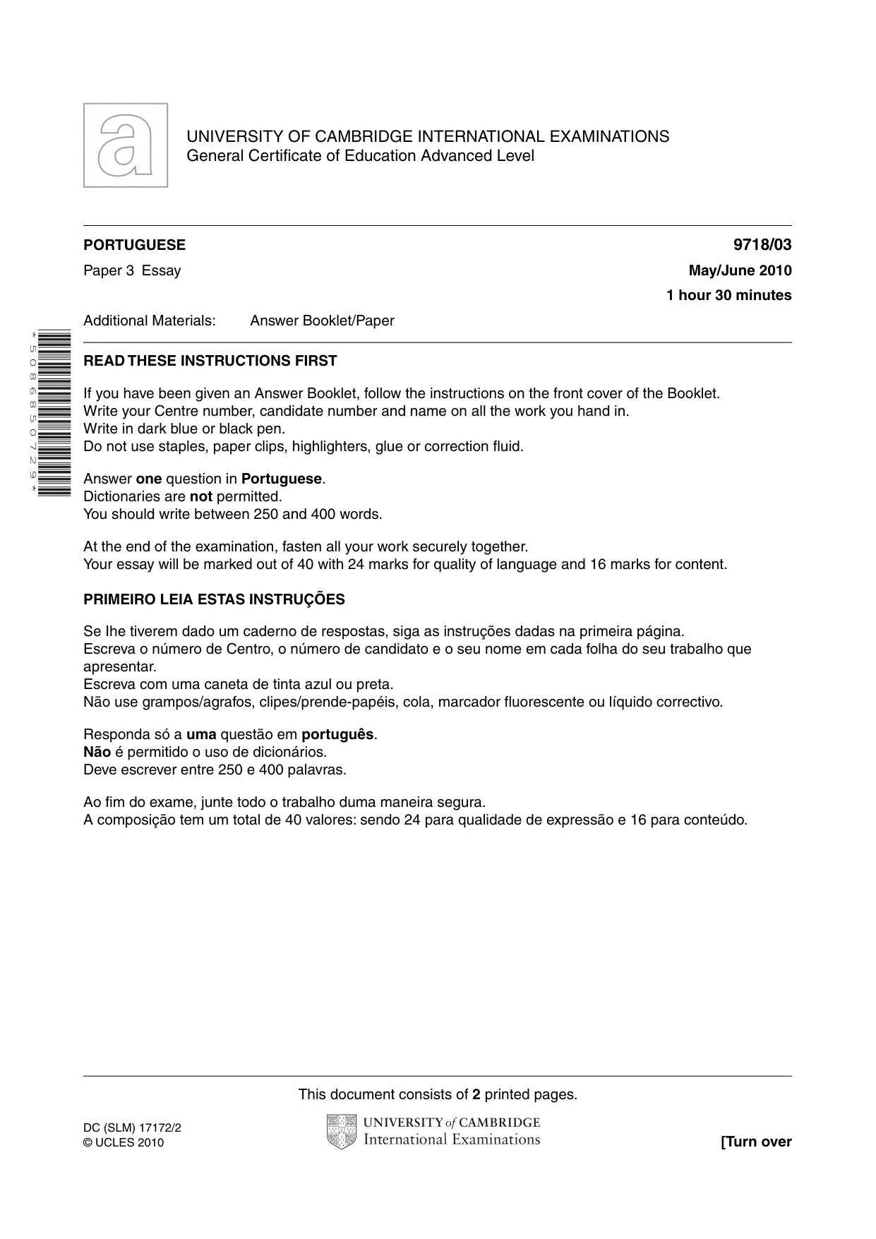 Cambridge A Level Portuguese (A Level only) 9718 2010 May/June Paper 3 · Variant 1 question paper, page 1 of 2