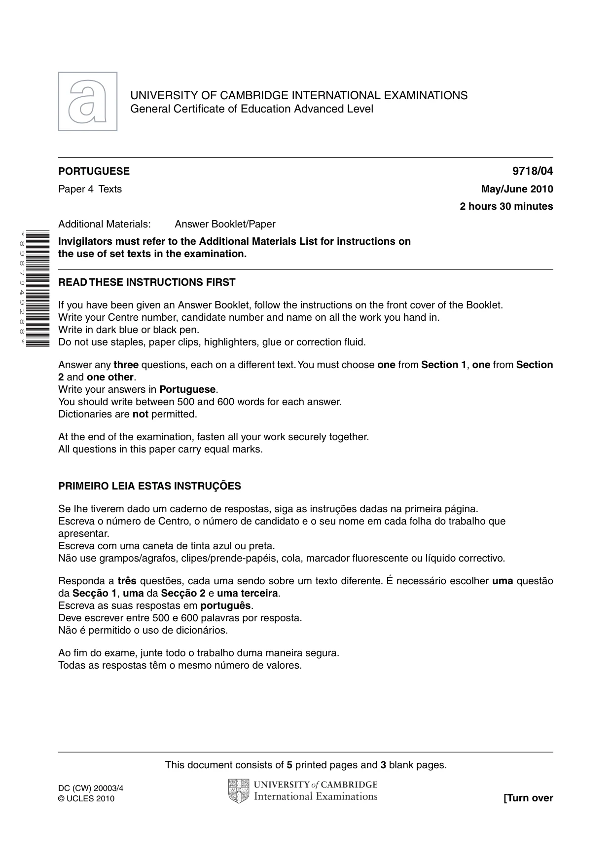 Cambridge A Level Portuguese (A Level only) 9718 2010 May/June Paper 4 · Variant 1 question paper, page 1 of 8
